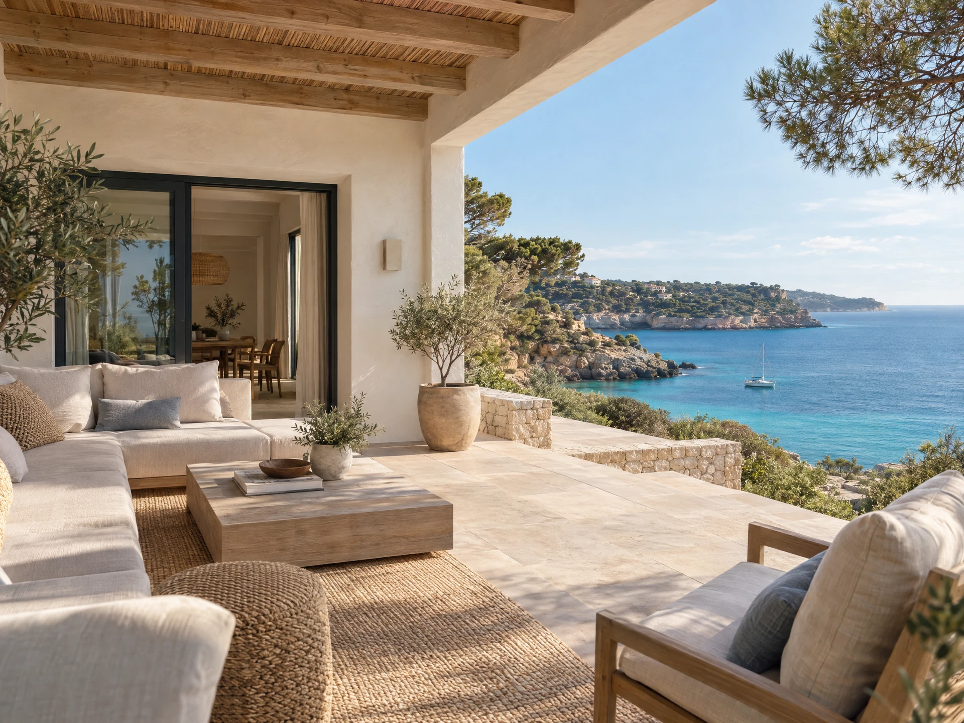 KI-Symbolmotiv: mediterrane Küstenterrasse mit weißer Fassade und blauem Meer, kein bestimmtes reales Objekt und keine dargestellte Montage