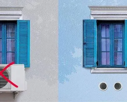 Fassadenvergleich: sichtbares Split-Außengerät links und nur zwei Lüftungsgitter rechts